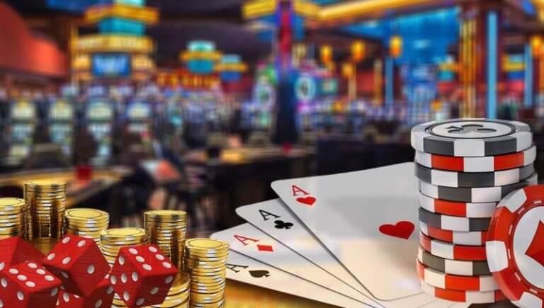 Gambling chips and playing cards in a casino