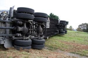 A semi truck overturned in an accident