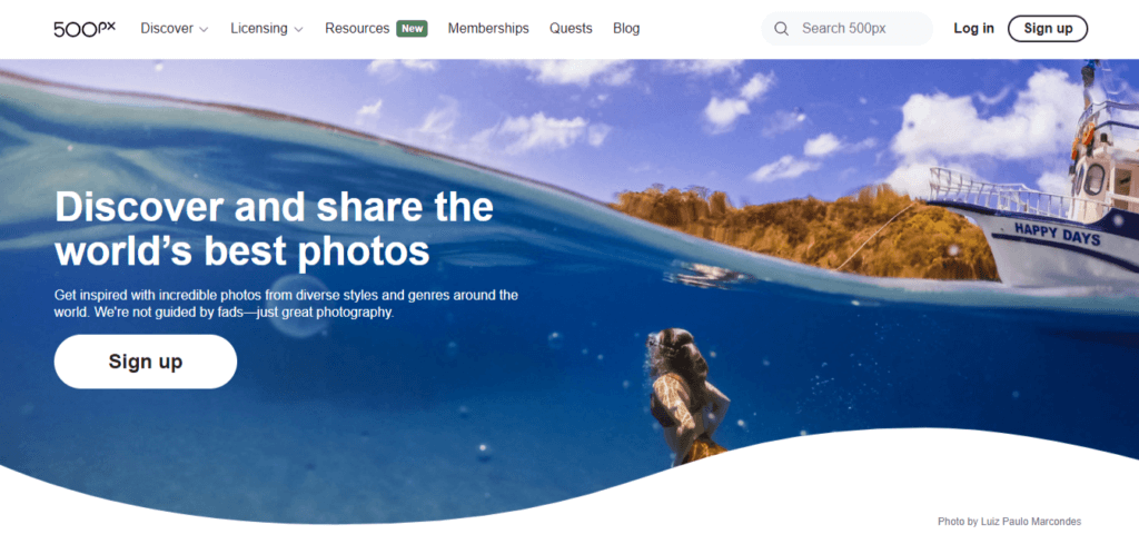 A screenshot of the 500px website