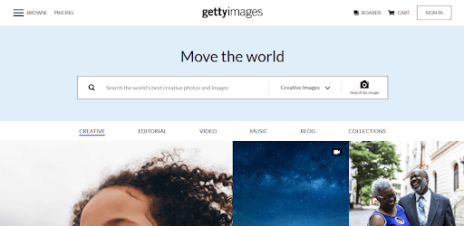 A screenshot of the Getty Images website