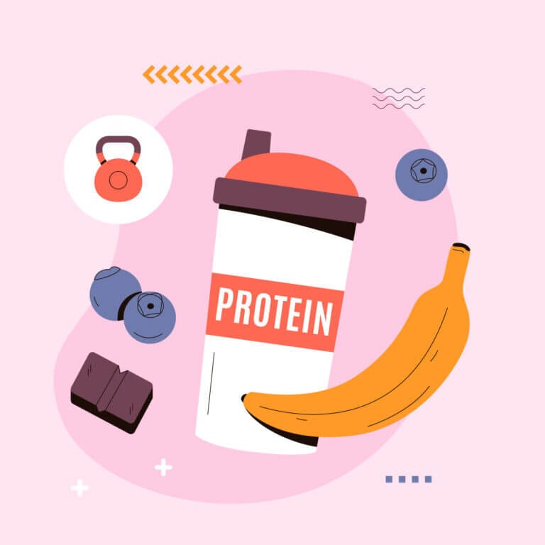 A graphic showing a protein shake and some fruit