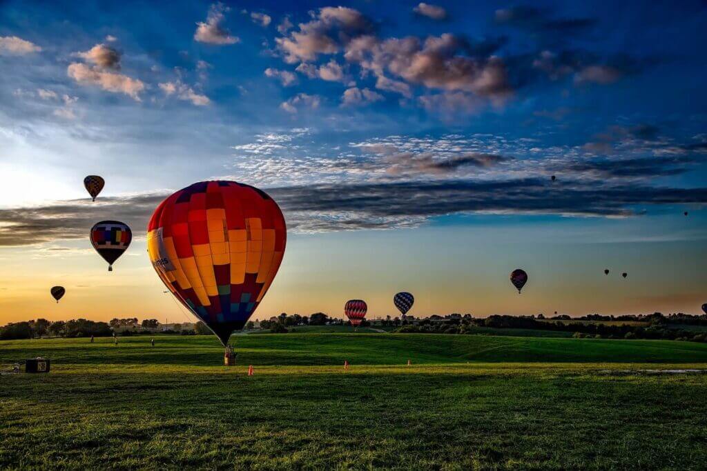 Hot air balloons over a field