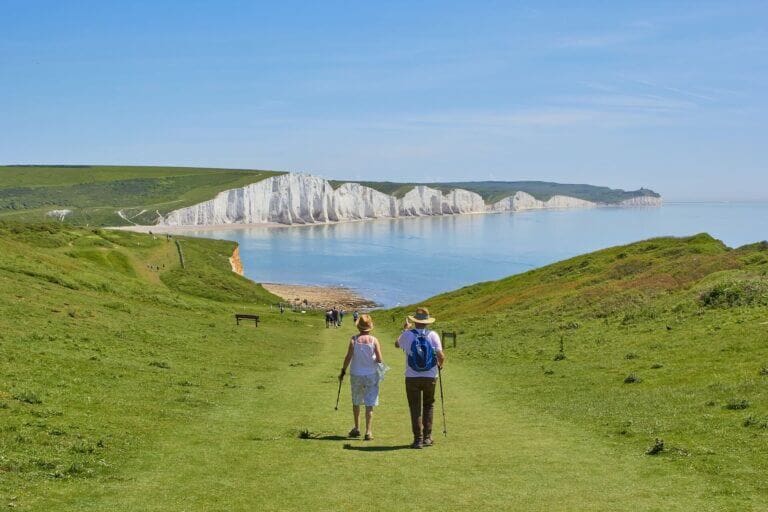two people walking on field near coast and cliffs