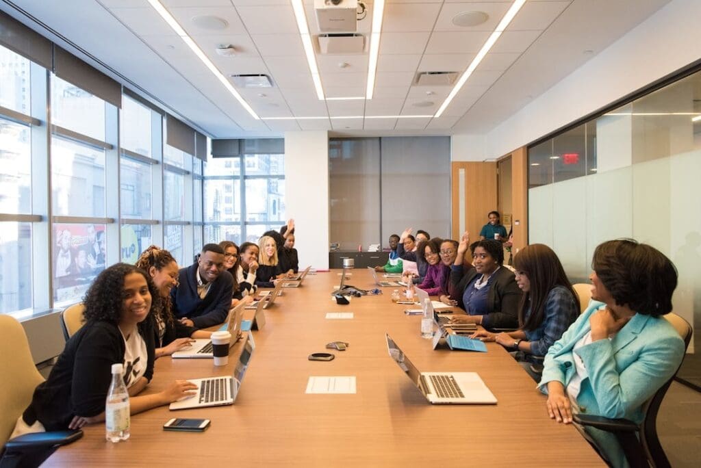 Employees in a staff meeting