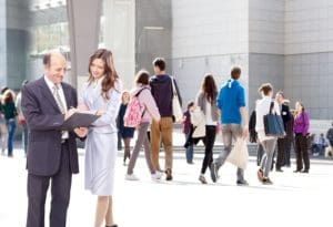 Business professionals outside an office